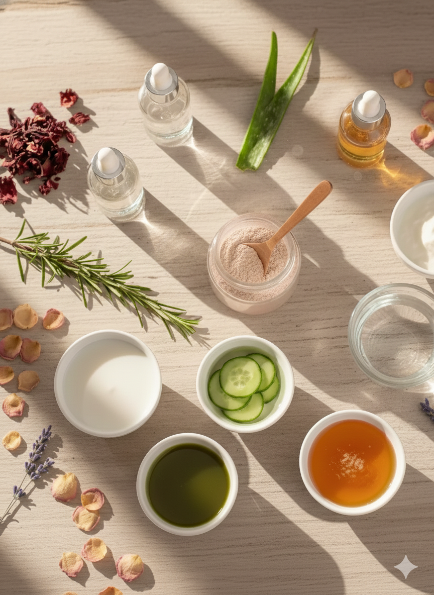 Flat lay of botanical skincare herbal skincare ingredients, honey, herbs, and a freshly mixed face mask in warm natural light.