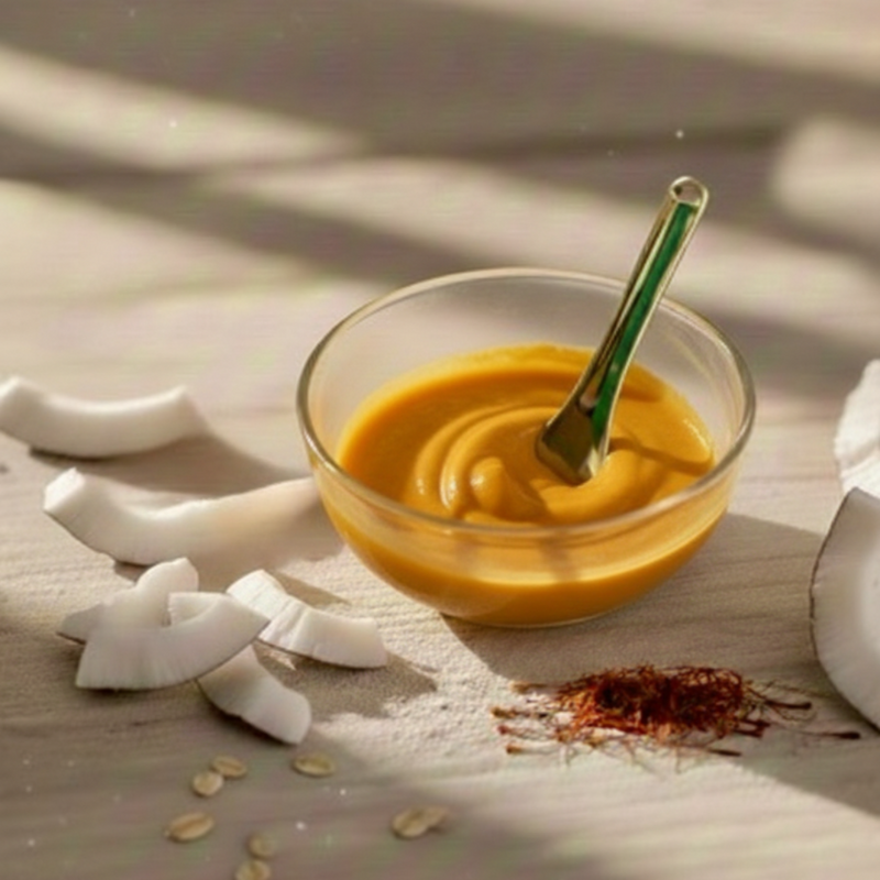 Bowl of Jaysrii Dew mask in smooth paste form after mixing the powder with a liquid mixer.