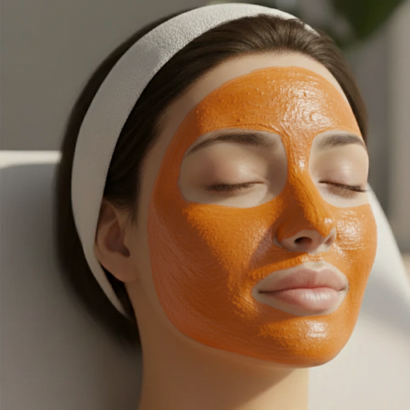 Close-up of Dew mask after application, shown as it begins to dry for a calming skincare pause.
